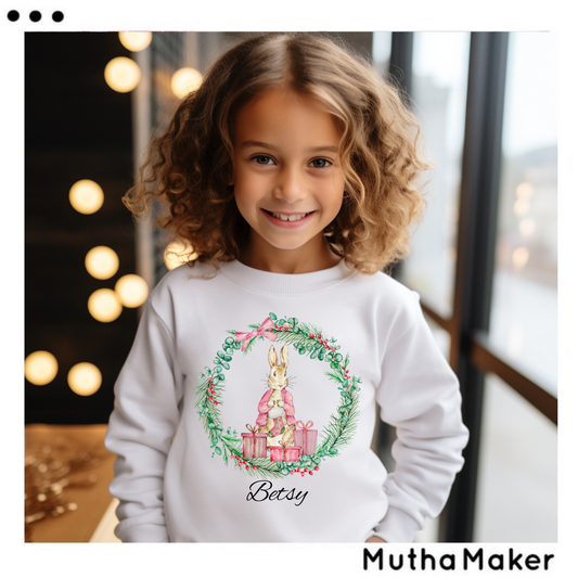 Personalised Kids Wreath Christmas Bunny Sweatshirt